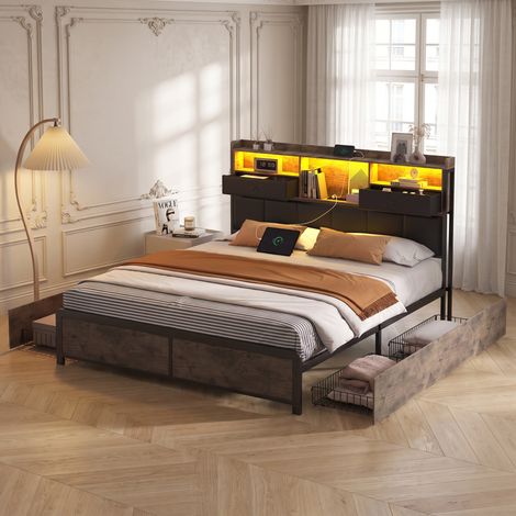 Lit adulte 160x200 cm avec 4 tiroirs, Tête de lit avec rangement, éclairage LED et Prises, Sommier à lattes en métal, cadre en métal, vintage (1/5)