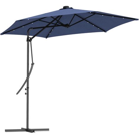Parasol de jardin déporté, LED, panneau solaire, résistant aux intempéries, housse de protection incluse, Ø 290 x 260 cm, bleu foncé (1/5)