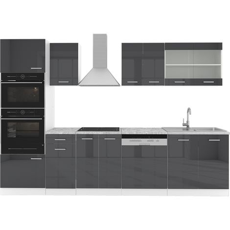 Küchenzeile R-Line, Anthrazit Hochglanz/Weiß, 300 cm mit Hochschrank, ohne Arbeitsplatte, Vicco (1/5)