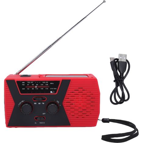 Radio d'urgence solaire à manivelle, météo Portable auto-alimenté NOAA AM FM WB, chargeur de téléphone 2000mAH avec lumière LED rouge (1/5)