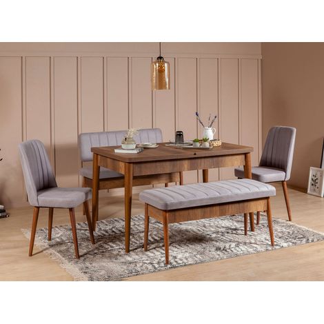 Ensemble table extensible 2 chaises et 2 bancs bois marron et tissu gris Mariva (1/5)