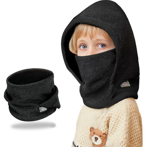 Kinder Sturmhaube Thermo Fleece winddicht 4-10 Jahre, Multifunktionale Skimaske mit Kapuze, Warmer Halswärmer für Jungen Mädchen Schwarz (1/5)