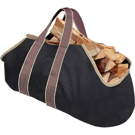 Großer Brennholzsack (91 x 30 x 50 cm), Holztragetasche, wasserdicht und strapazierfähig, gewachstes Segeltuch, Aufbewahrungskorb für Kamin, Garten, Camping – Schwarz