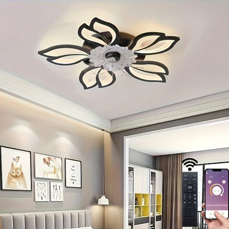 Ventilateur de plafond avec éclairage, plafonnier avec télécommande et application, variateur d'intensité, 3 températures de couleur, minuterie, noir