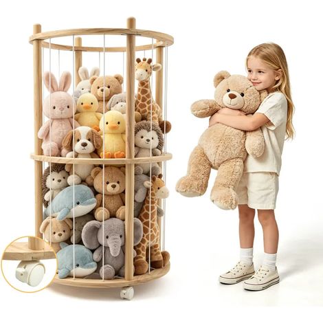 Rangement peluches en bois « Mon zoo » 95 × 51 cm, avec roulettes et cordons élastiques, pour chambre bébé, enfant et salle de jeux
