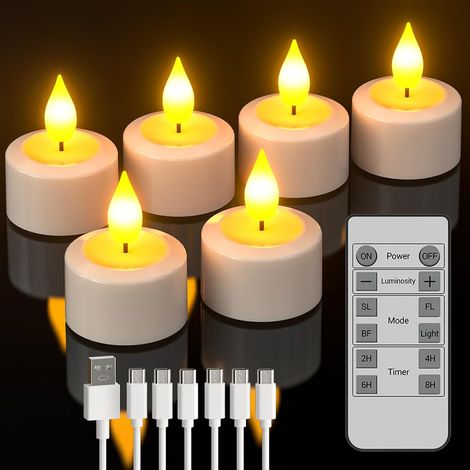 Bougies Chauffe Plat LED Rechargeable avec Télécommande, Lot de 6 Bougie à LED Electrique Fausse Bougie Decorative Flamme Vacillante pour Decoration Chambre Mariage Anniversaire Halloween Noël (1/5)