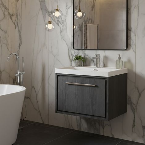 Hudson Reed Lille Wall Hung 1-Drawer Vanity Unit with 1TH Thin-Edge Basin 600mm Wide - Graphite Grey Woodgrain