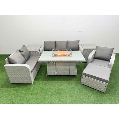 Fimous Patio PE Wicker 7 Seater Outdoor Rattan Furniture Sofa Sets with Firepit Dining Table Reclining Chair Loveseat Sofa 3 Seater Sofa Big Footstool 2 Side Table Light Grey (1/4)