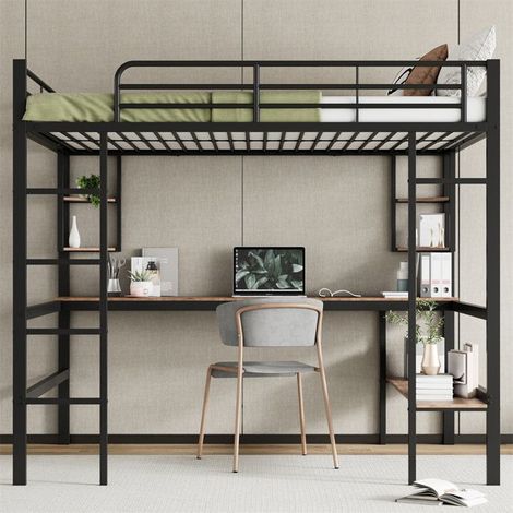 Lit mezzanine métal 140x200 cm avec bureau intégré, cadre 2 places noir (sans matelas)