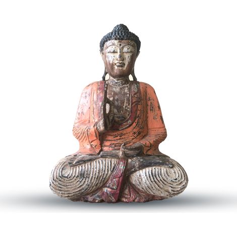 Statue de Bouddha sculptée à la main orange vintage - 60 cm - Transmission pédagogique- Vendu par 1