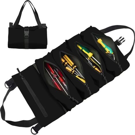 Lot de 1 Sac à Outils Enroulable en Toile – Trousse à Outils avec 5 Poches Zippées – Pour Électriciens, Plombiers, Charpentiers, Ménage, Voitures (1/5)