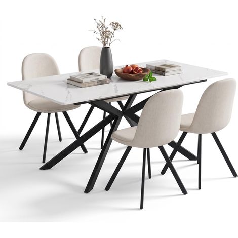 FurnitureR MDF Essgruppe 5-teilig mit Ausziehtisch und 4 Stoffstühlen Ausziehbarer MDF-Esstisch in Marmoroptik mit 4 drehbaren Stoffstühlen für moderne Essbereiche (1/5)