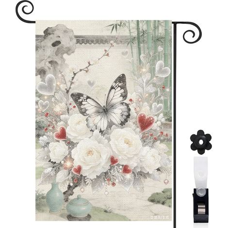 Drapeau de jardin décoratif 30 x 45 cm motif papillon et fleurs style campagne toile double face (1/5)