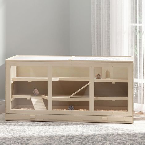 Jaula para hámster o jerbo, 2 niveles, techo abatible, ventanas, casita, 2 escaleras, 115 x 57 x 55 cm, efecto madera natural. (1/5)