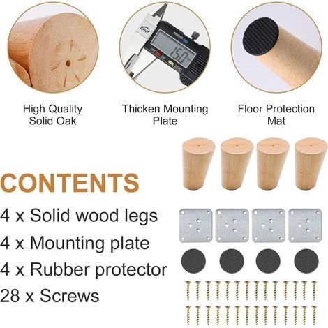Möbelbeine aus Massivholz – Set mit 4 abgewinkelten 8 cm Beinen für Sofa oder Sessel, inklusive Schrauben und Kappen