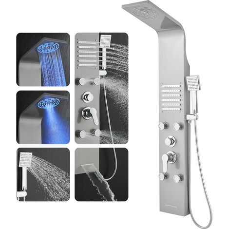 Colonne de Douche Monobloc Hydromassante LED Brossée Murale, 5 Modes (1/5)