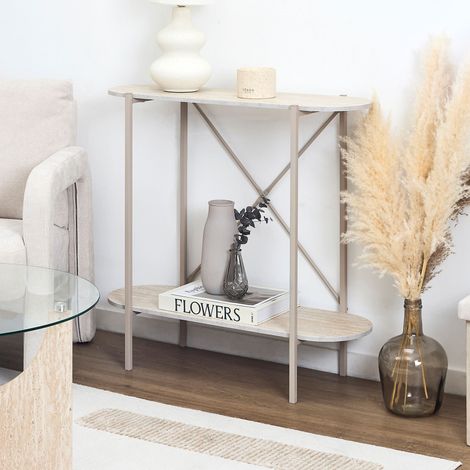 The Home Deco Factory – Console élégante en métal clair avec plateaux en fibres naturelles – Dimensions compactes pour hall d'entrée ou salon – Style contemporain blanc et beige