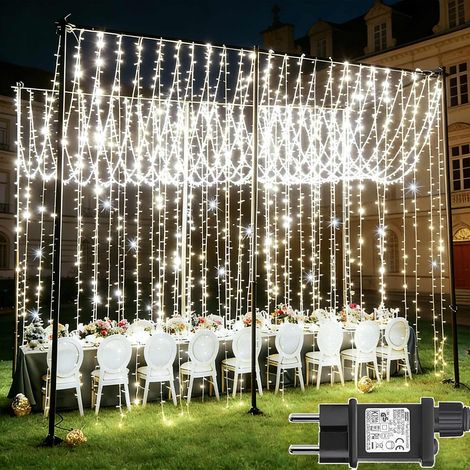 2 Pièces Rideau Lumineux, 6x3m 600 LED Guirlande Rideau Lumineuse Alimenta Secteur, 8 Modes Guirlande Lumineuse Pour Interieur Exterieure Chambre Plafond Balcon Mariage Décoration - Blanc (1/5)