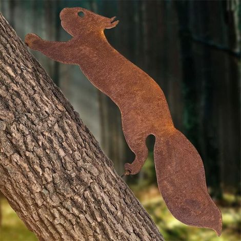 Metallenes Eichhörnchen zur Gartendekoration, 30 cm hoch, natürliche Rostpatina, dekoratives Eisengitter für den Außenbereich