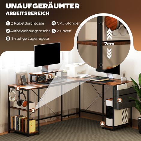 Bureau en L polyvalent avec étagères ajustables, sac de rangement et support moniteur, couleur marron (1/4)