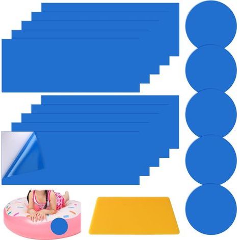 16 toppe per la riparazione di piscine, 10 rettangoli in PVC blu, 5 toppe rotonde impermeabili, 1 spatola per vasche idromassaggio gonfiabili (1/5)