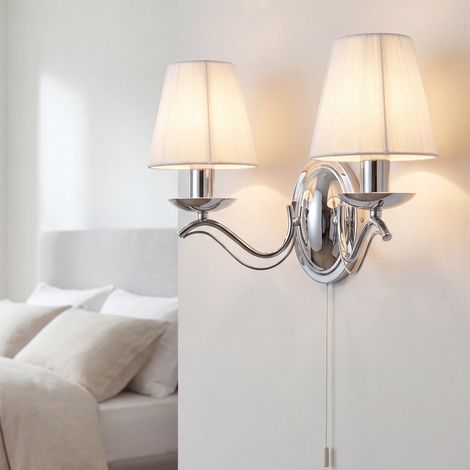 Wandlampe mit Schalter Metall Stoff 37 cm breit Chrom Weiß E14 2-flammig Jugendstil Wandleuchte