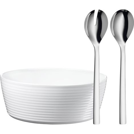 set de saladiers 3 pièces, couverts à salade en acier inoxydable 30 cm avec saladier, acier inoxydable poli, porcelaine, va au lave-vaisselle (1/5)