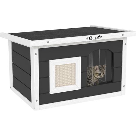 Maison pour chats et lapins en bois avec tapis à gratter et porte, 61 x 45 x 36,5 cm, couleur grise, refuge idéal. (1/5)