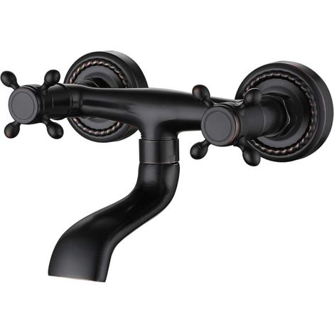 European Style Bathtub Faucet, All Black Copper, Wall Mounted Bathroom Faucet, Dual Handle Hot and Cold Water Bathtub Tap MUMU