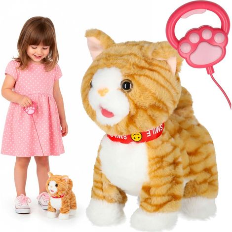 Chaton en peluche interactif avec laisse, 70 cm, marche, miaule et chante. À partir de 3 ans.