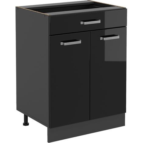 Mobiletto base per cucina R-Line, Nero lucido, 60 cm con cassetto, senza piano di lavoro, Vicco (1/5)
