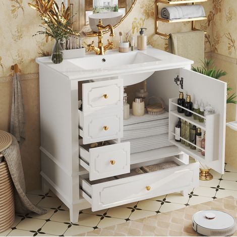 Meuble vasque inclus 76,5 cm rangement MDF blanc OKMYHOME (1/5)