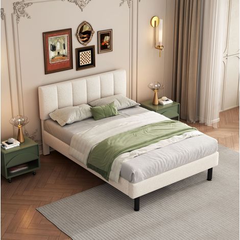 Letto 140x190 in tessuto Sherpa beige con rete a doghe e piedi in ferro, senza materasso (1/5)