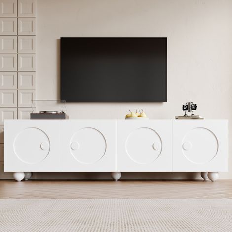 Meuble TV blanc mat 180,5 x 38 x 50 cm, portes à relief 3D, rangements compartimentés, pieds boule, charge 60 kg (1/5)