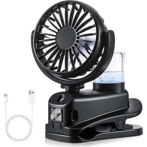 Mini-Clipventilator – Wassersprühfunktion, 4 Geschwindigkeitsstufen, LED-Anzeige, 1200 mAh, für Zelt, Büro und unterwegs – Schwarz (1/5)