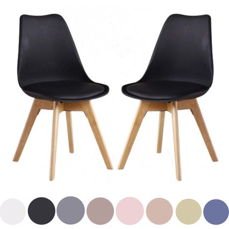 Set of 2 Lorenzo Scandinavian Minimalist Dining Chairs with Faux Leather Cushions and Solid Wood Legs - Side Chair for Dining Room Kitchen Office - Black