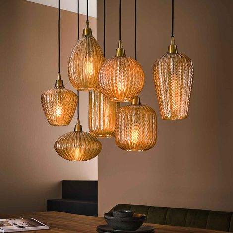 M&S – Suspension 7 lampes en verre ambré marron – Dimensions 95x38x150 cm – Éclairage réglable pour plafonds hauts – Ampoules E27 non incluses