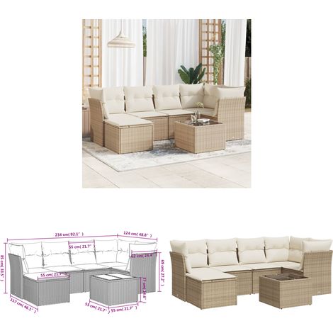 7-tlg. Garten-Sofagarnitur mit Kissen Beige Poly Rattan - Gartenmöbel Set - PE-Rattan Möbel - Outdoor Sofa - Esstisch Set - Lounge Garnitur - Home & Living (1/3)