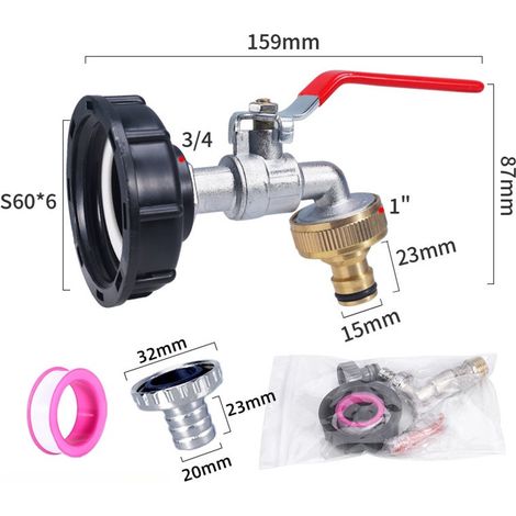 Adattatore per serbatoio d'acqua IBC con filettatura da 3/4 di pollice, rubinetto per serbatoio d'acqua piovana IBC da 1000 litri, rubinetto in ottone PP con filettatura grossa da 60 mm (1/4)