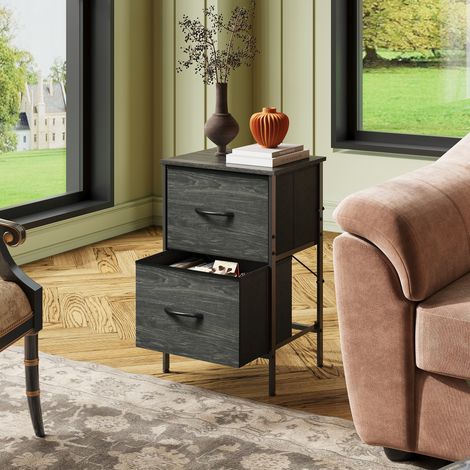 Commode à 2 tiroirs, tiroirs en tissu avec glissières coulissantes, table de chevet pour chambre, petite table d'appoint avec structure en métal, entrée, salon, chambre d'enfant, table de nuit, noir (1/5)