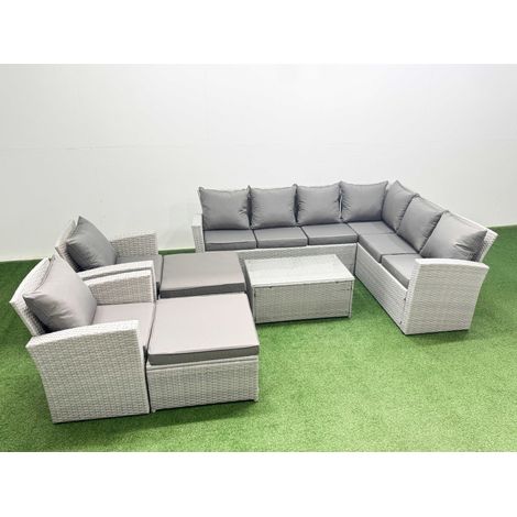 Fimous Garden Outdoor PE Rattan Furniture Set 10 Seater Rattan Garden Sofa Set with 2 Big Footstools Light Grey Mixed (1/4)