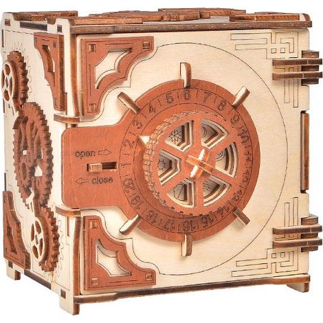 Coffre-fort mécanique en bois 3D pour adultes - Boîte mystère DIY avec serrure à code à 4 chiffres, idée cadeau anniversaire homme, coffre à argent fait main (1/5)