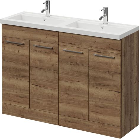 Napoli 390 Tobacco Oak 1200mm 4 Door Vanity Unit with Double Lucia Basins - 1200mm - Chrome 160mm Handle