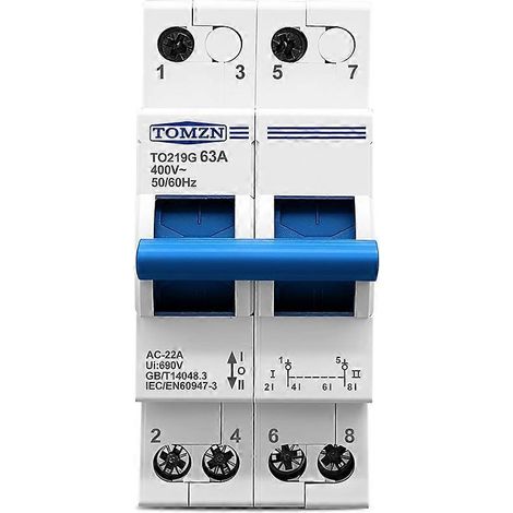 TOMZN TO219G Bleu MTS 2P 63A 400V- AC 50/60Hz Double alimentation, commutateur d'isolement manuel, verrouillage, générateur, alimentation de ville, PV (1/5)