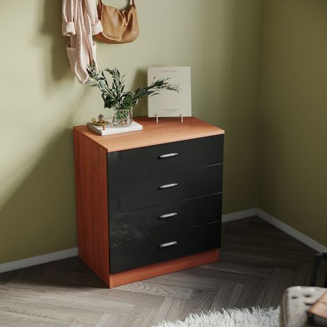 ELEGANT Modern High Gloss 4 spacious Drawer Chest with Metal Handles for Bedroom or Home Storage Organizer, Black/Walnut (1/5)