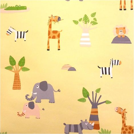 Animal Safari Wallpaper Yellow Green Grey Giraffe Zebra Lion Rhino 10m Roll (1/4)