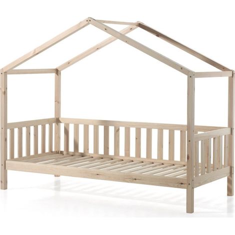Lit Enfant Cabane & Barrière "Dallas II" 90x200cm Naturel (1/3)