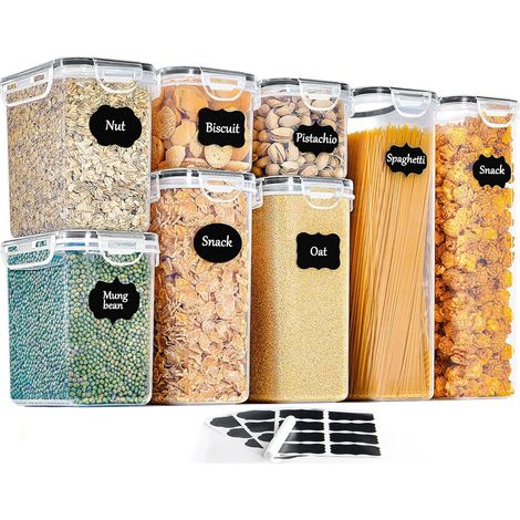 Lot de 8 boîtes de conservation hermétiques en plastique avec couvercle pour conserver céréales, pâtes, farine et aliments pour animaux. (1/4)