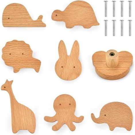 Lntyq Lot de 8 boutons de tiroir en bois massif pour commodes, boutons de porte d'armoire en bois, poignée de meuble en bois, boutons de tiroir en bois avec vis pour armoires de garde-robe (8 styles) (1/5)