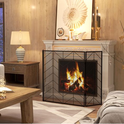 Pantalla protectora para chimenea plegable de 3 paneles en acero negro 135 x 85 cm OKWISH (1/5)
